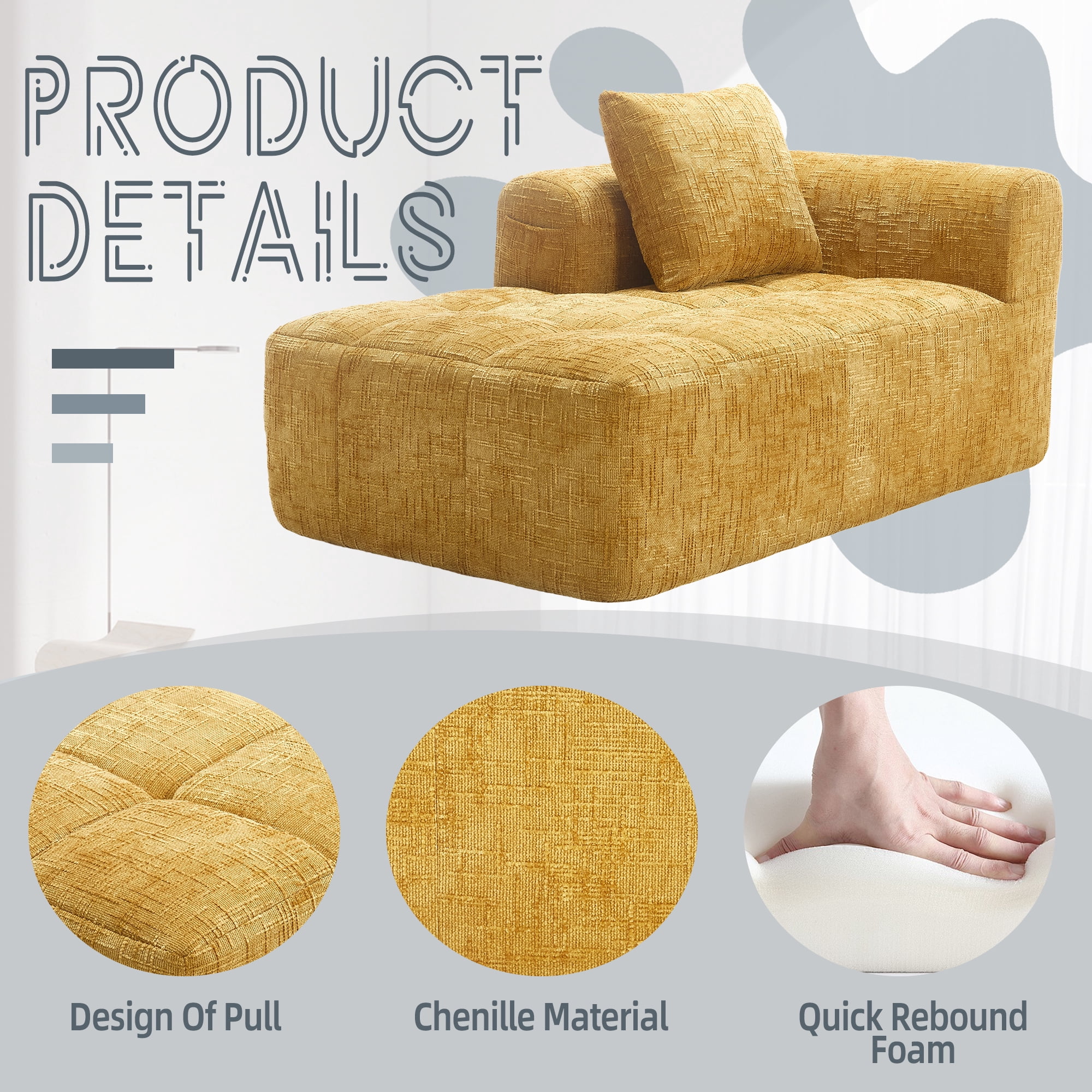 MOONMISS Chenille Upholstered Modern Deep Seat Lazy Compression Sofa with Small Side Pocket-Yellow