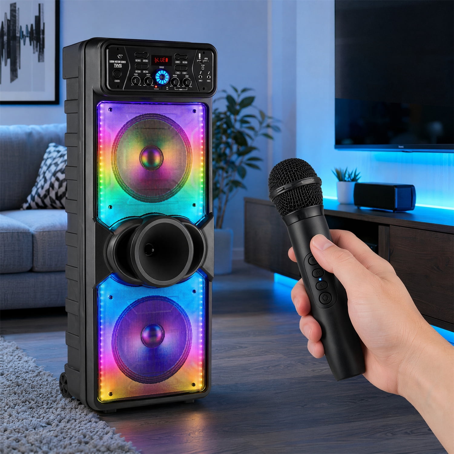 Lohoms Portable Wireless Speaker, Dual 10" Subwoofer & Double 2" Tweeter Trolley Bluetooth Speaker W/ Microphone Heavy Bass Stereo Woofer Party PA System, AUX, FM, Remote, Karaoke LED Light, 37" H