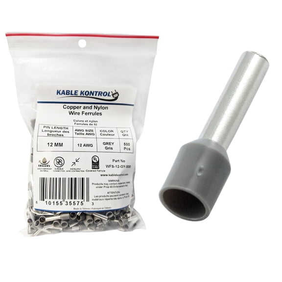 Wire Ferrules - Nylon Insulated - Single - 12 AWG - Pin Size 12 mm - Gray - 500 Pcs