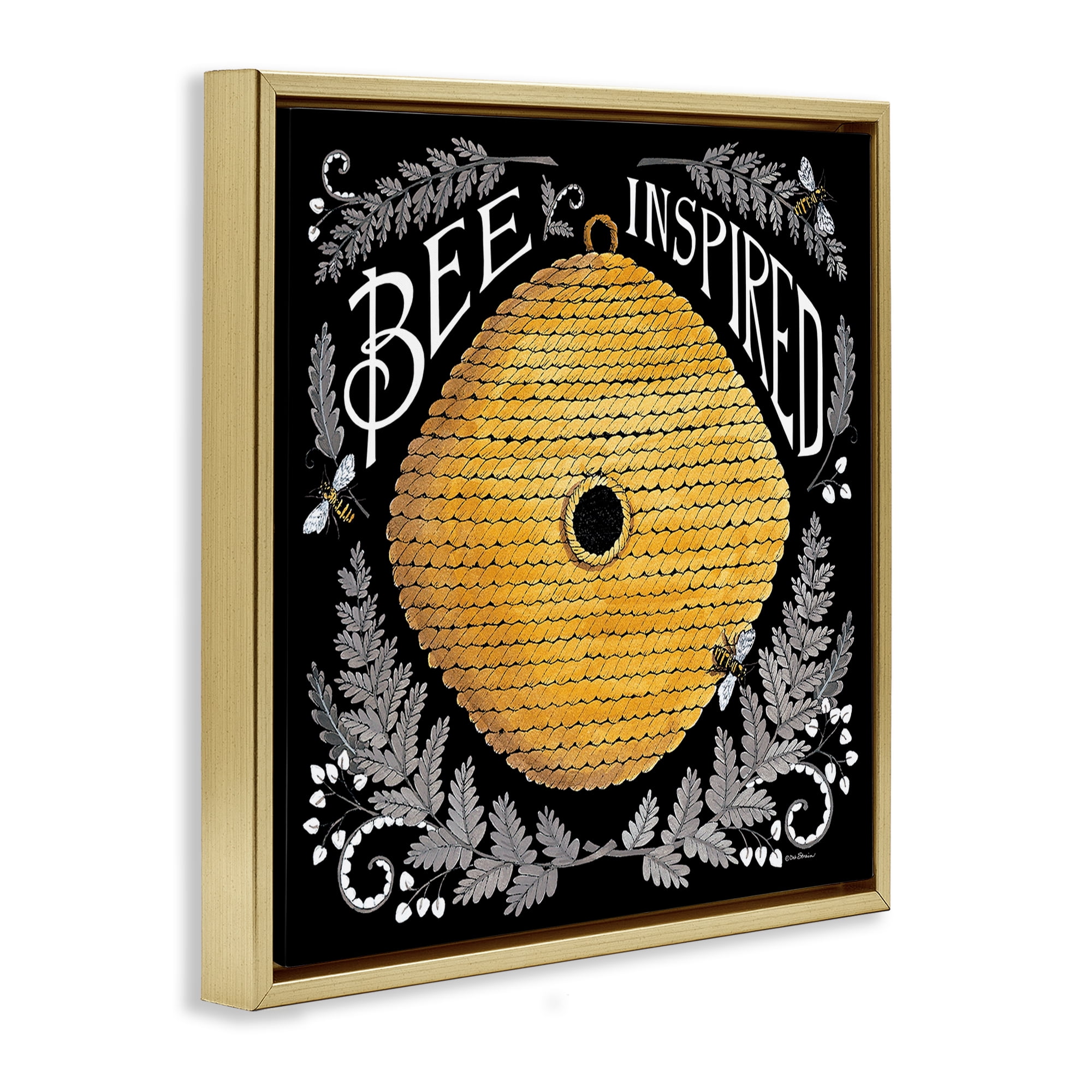 Stupell Industries Bee Inspired with Hive Plants & Flowers Painting Gold Floater Framed Canvas Art Print Wall Art, 25 x 25