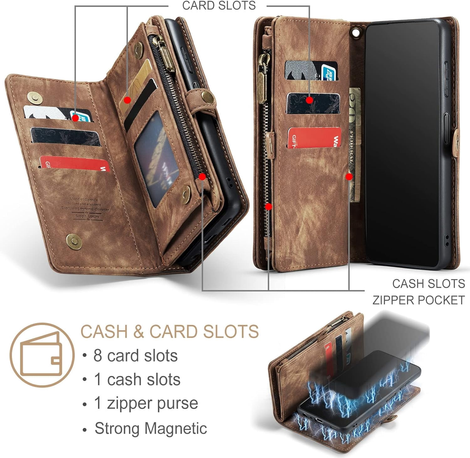 Phone Case for Samsung Galaxy A13 5G Zipper Wallet Detachable Cover with Tempered Glass Screen Protector and Flip Card Holder Cell Accessories Gaxaly A 13 G5 2022 13A A135G SM A136U Men Brown