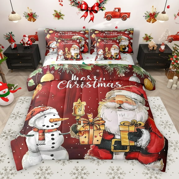 Manfei Christmas Santa Claus 7-Piece Twin Bedding Sets,Cartoon Snowman Bedding Comforter Set,Red White Sheet Sets For Girl Boy,Super Cozy Room Decor Reversible