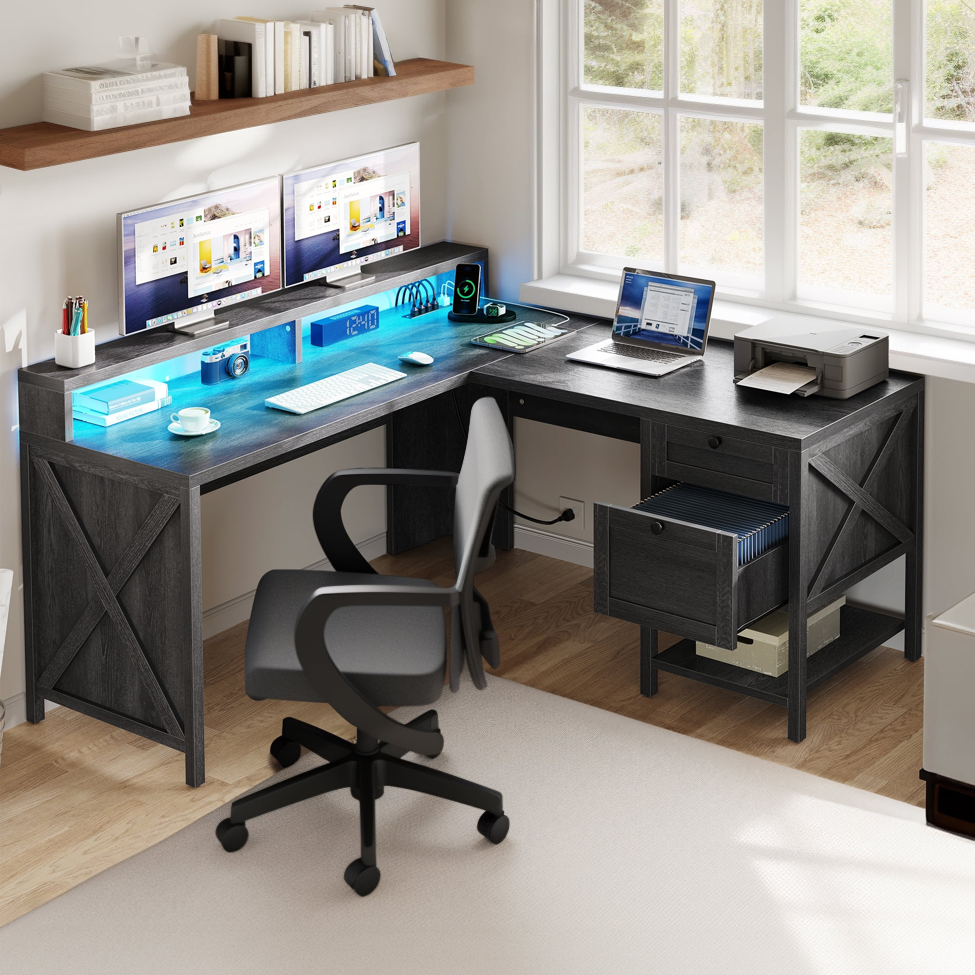 Dextrus L Shaped Desk with File Drawer , L Shaped Computer Desk with Power Outlets & LED Lights, Corner Desk Game Desk with Monitor Stand & Storage Shelves, Gray