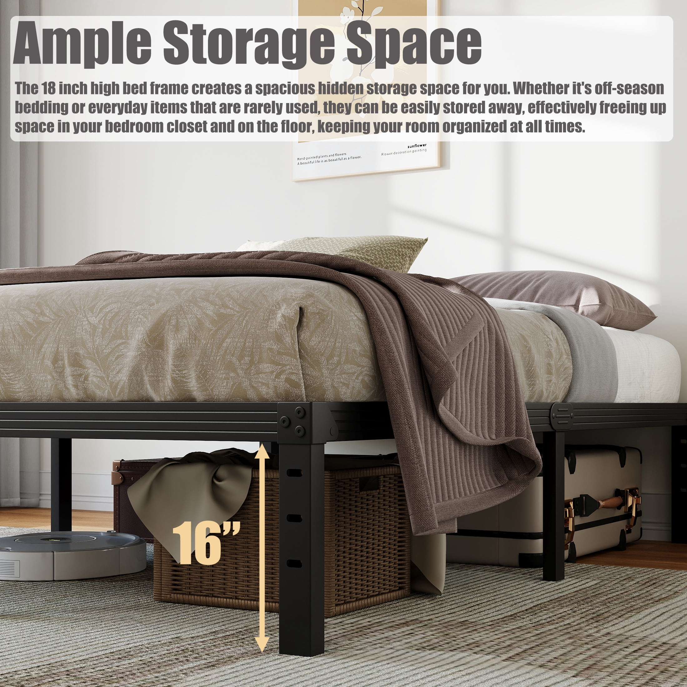 NESLIME 18 inch Twin Size Metal Bed Frame with Ample Storage Space, Heavy Duty Metal Platform, No Box Spring Needed