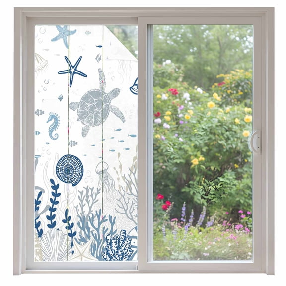 Blue Coastal Window Privacy Film, Summer Beach Turtle Coral Starfish Jellyfish Static Cling UV Sun Blocking Heat Control Window Tint, Non-Adhesive One Way Windows Privacy Cover 35.4''x78.7''