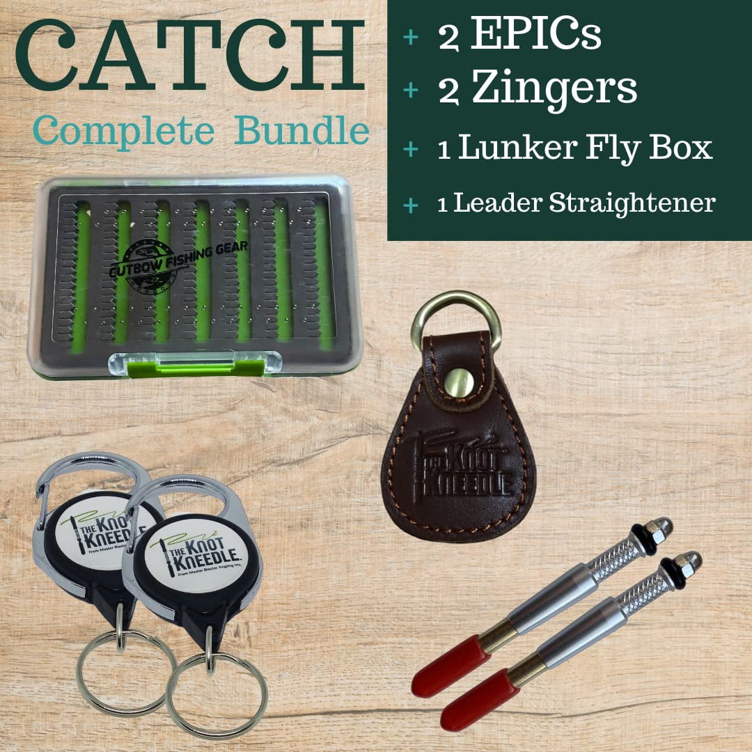 KNOT KNEEDLE Catch Lunker Bundle 2 Epic, Fishing Accessories of 2 Zingers, Fly Straightener, Fly Fishing Box, Fishing Knot Tying Tool Tie 25+ Basic and Advanced Knots - 5-Piece Bundle