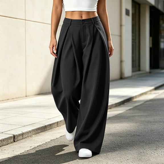 ClodeEU Women's High Waist Wide Leg Pleated Dress Pants ,Casual Loose Fit Work Trousers ,Women's Plus L