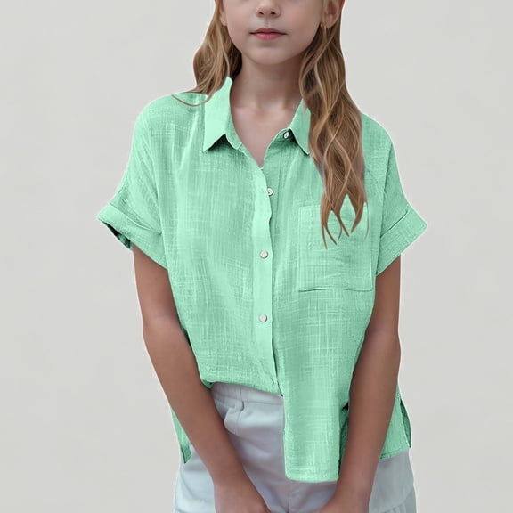 Xijirk Girls Linen Short Sleeve Pleated Button Up Shirt Casual Loose Lightweight for Summer,7-8 Years