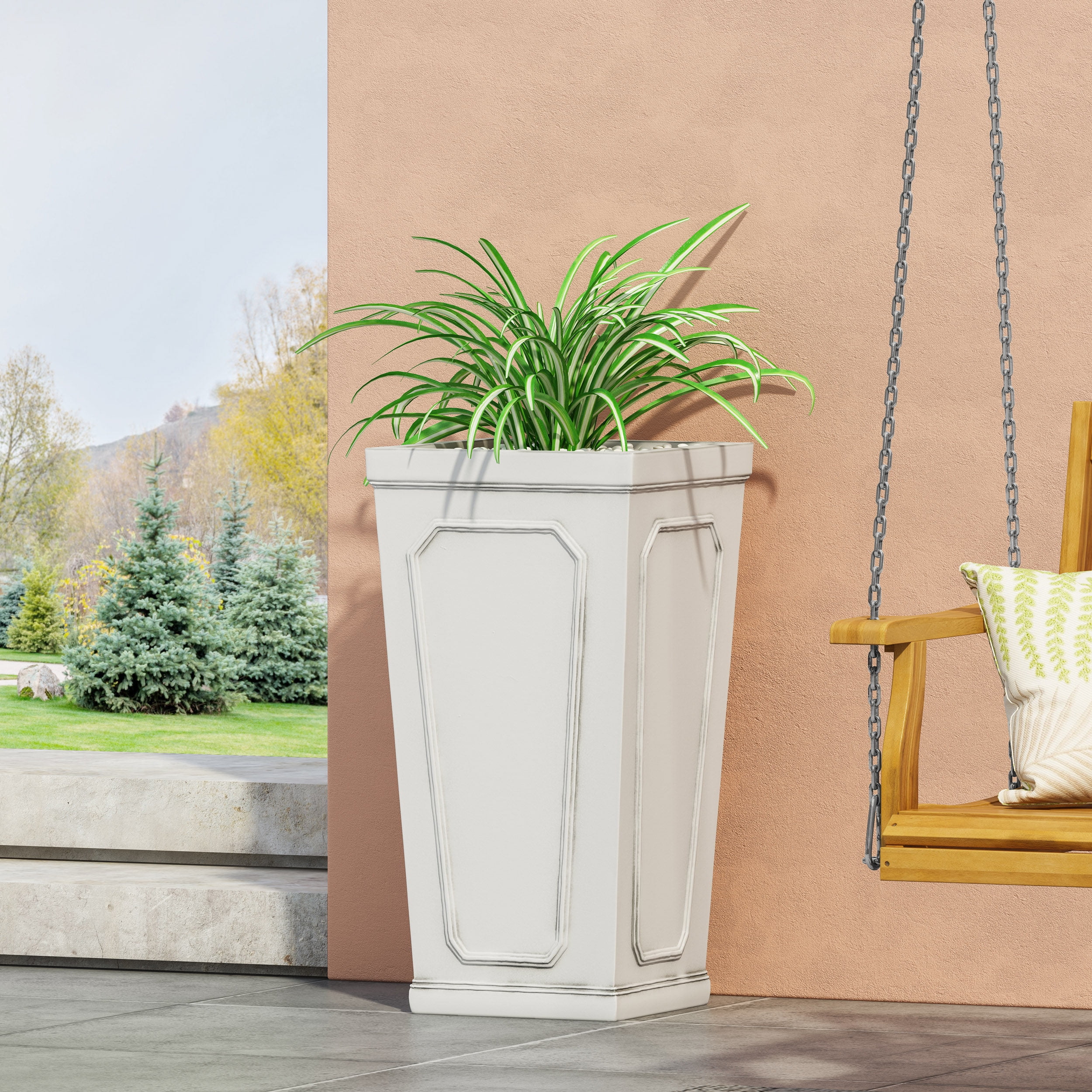 GDF Studio Greg Outdoor Cast Stone Tapered Planter, Antique White Large