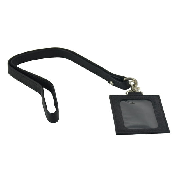 Genuine Leather Badge / Name Tag Holder with Lanyard / Neck Strap, Black