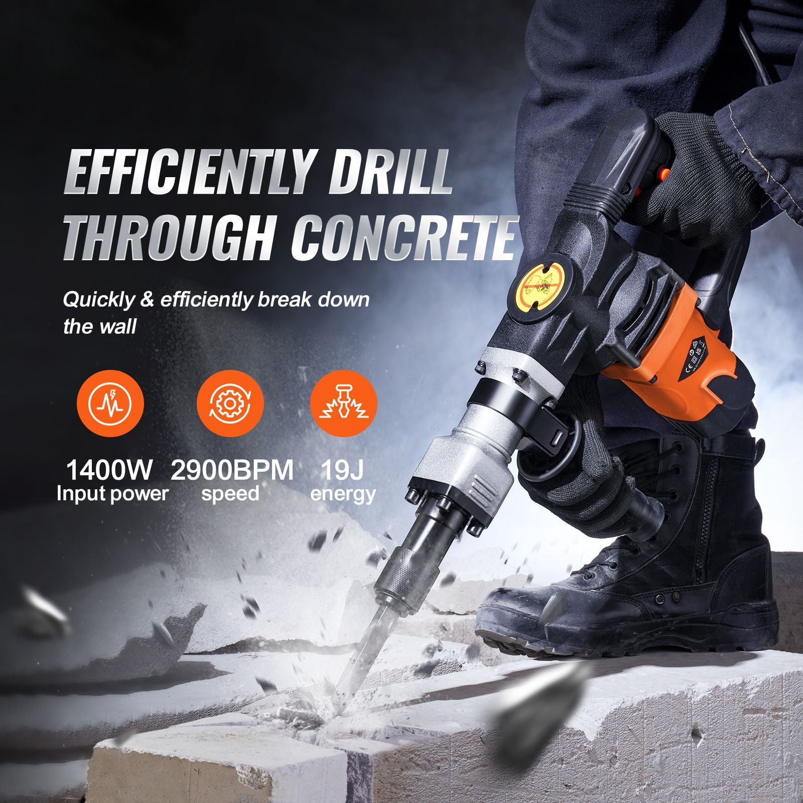 Demolition Jack Hammer Concrete Breaker 1400W Heavy  Electric Hammer Power Concrete Breaker 2 Chisel Bits