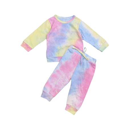 

Xiaoluokaixin Girl 2Pcs Tie-dye Pajama Set Long Sleeve Top+Drawstring Pants
