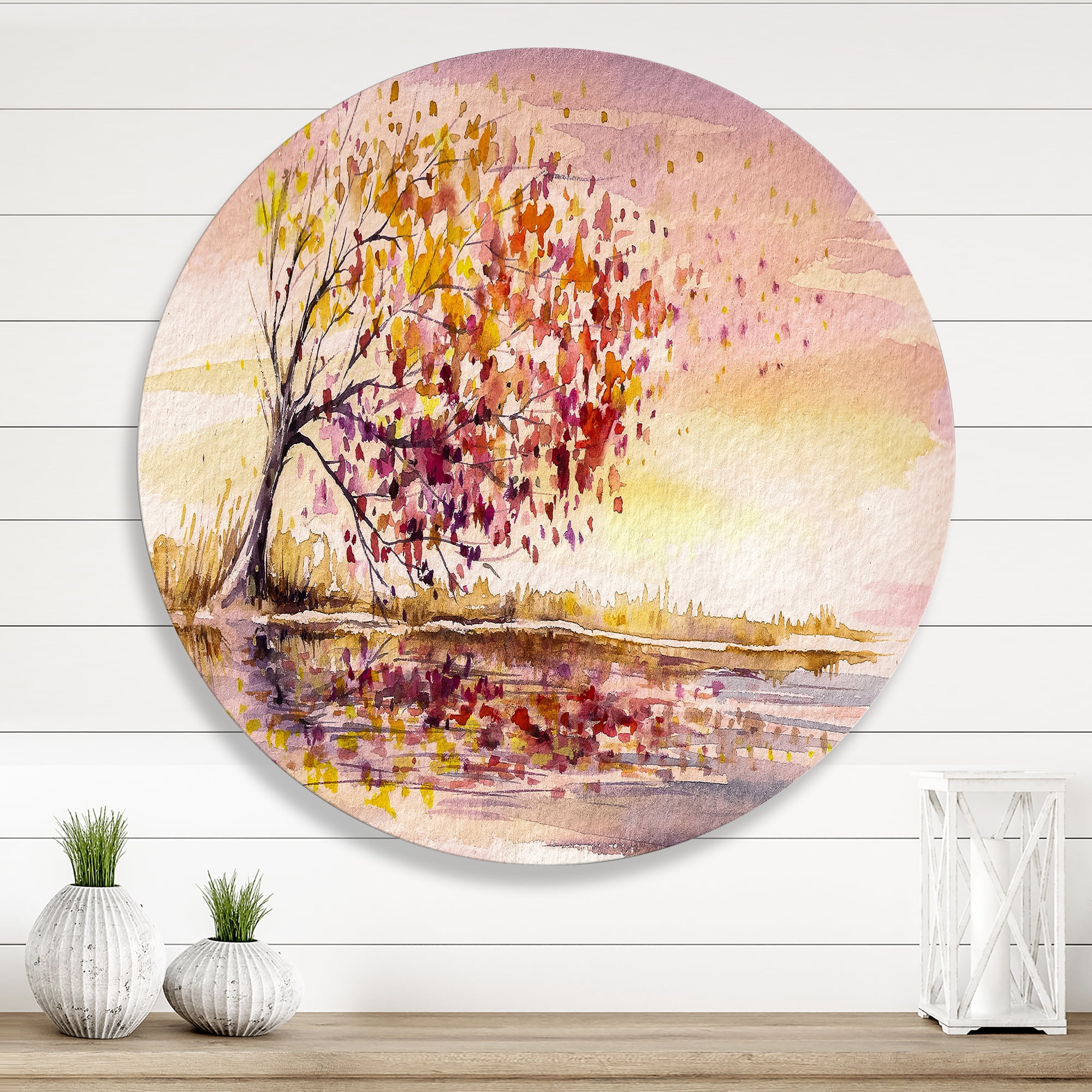 Designart 'Orange and Yellow Autumn Tree' Traditional Circle Metal Wall Art 11x11 - Disc of 11