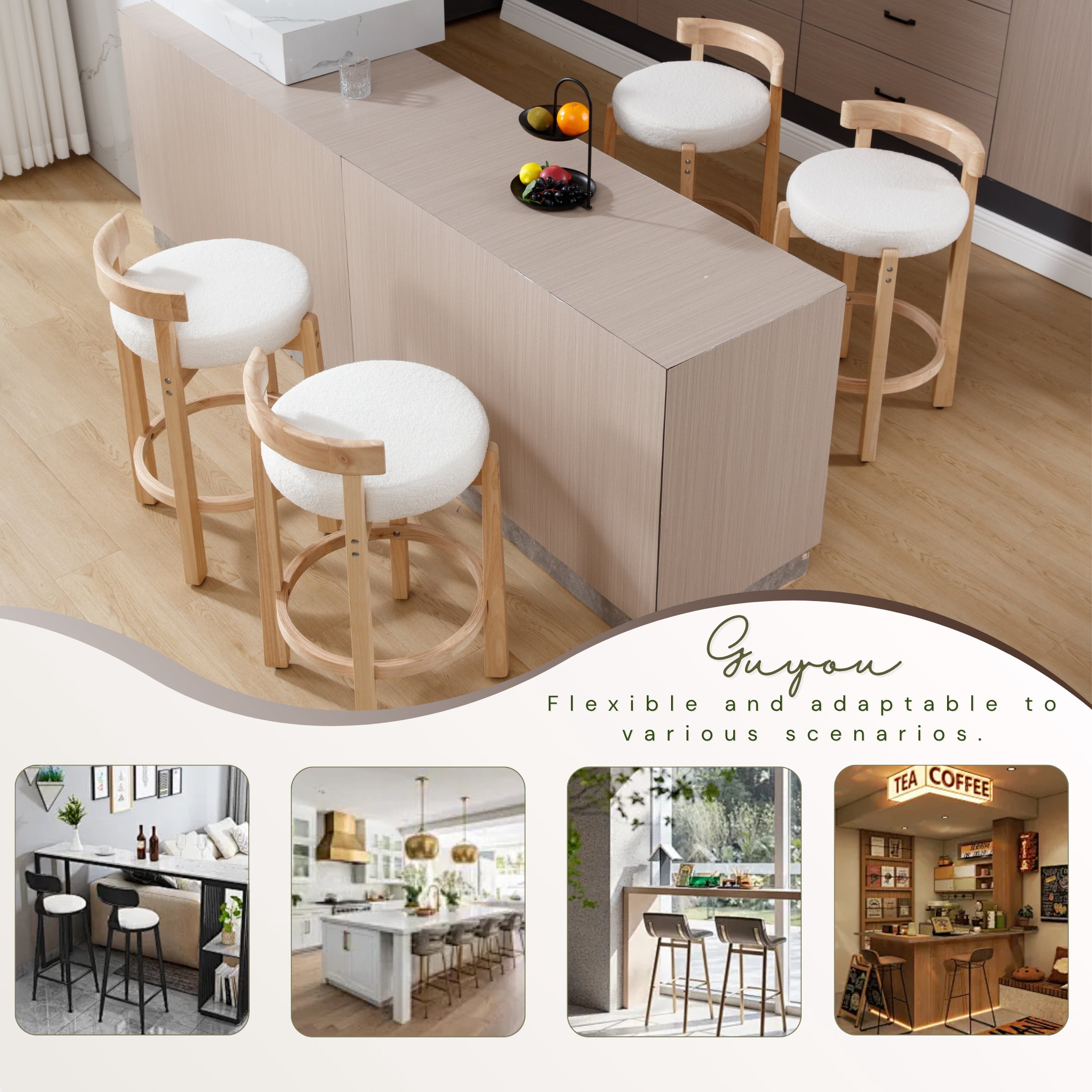 Guyou Counter Height Stools Set of 2, Mid Century Modern 27" Armless Island Bar Stools with Curved Back and Wooden Frame, Round Kitchen Stools with Footrest for Restaurant Bar Kitchen Island, White