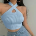 thumbnail image 2 of MESSUEN Halter Tank Top Criss Cross Halter Top Halter Crop Vest Crop Halter Strappy Tank Topsfemale Knitted Off Shoulder Crop for Women Basic Tank Tops for Women Tops Women Blue One Size, 2 of 7