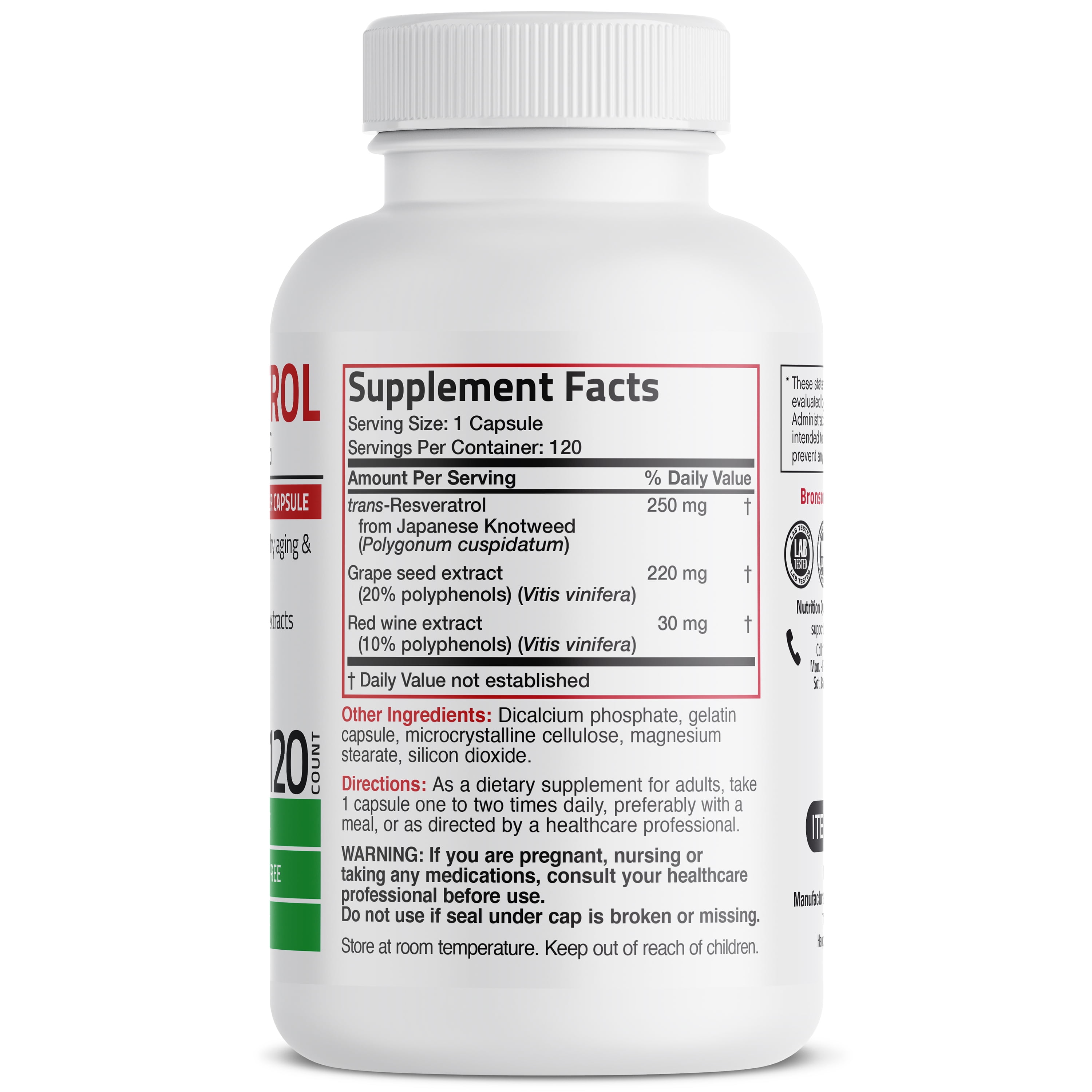 Bronson Resveratrol 500 Complex Red Wine Extract Natural Antioxidant Heart & Immune Health, 120 Capsules