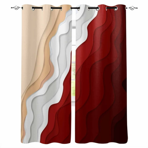 Fsddascl Red Coastal Beach Blackout Curtains for Bedroom/Living Room, Thermal Insulated Kitchen Curtains, Farmhouse Abstract Ocean Waves Striped Grommet Darkening Window Treatment Drapes 52"x90"x2
