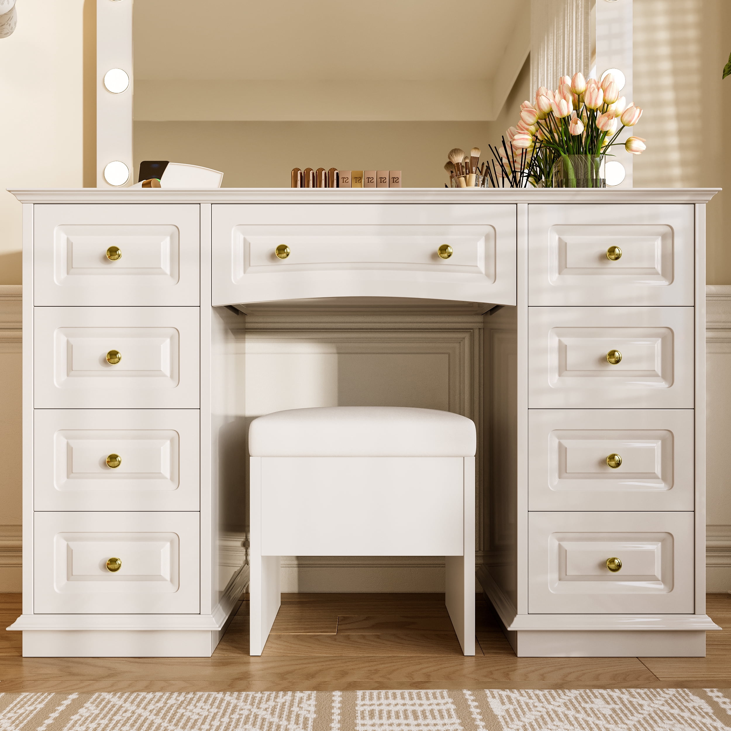 Yoneston Luxurious Makeup Vanity with 10 Hollywood LED Mirror, Classic Dressing Table with 9 Drawers & Cushion Storage Stool for Bedroom, Dressing Room, White
