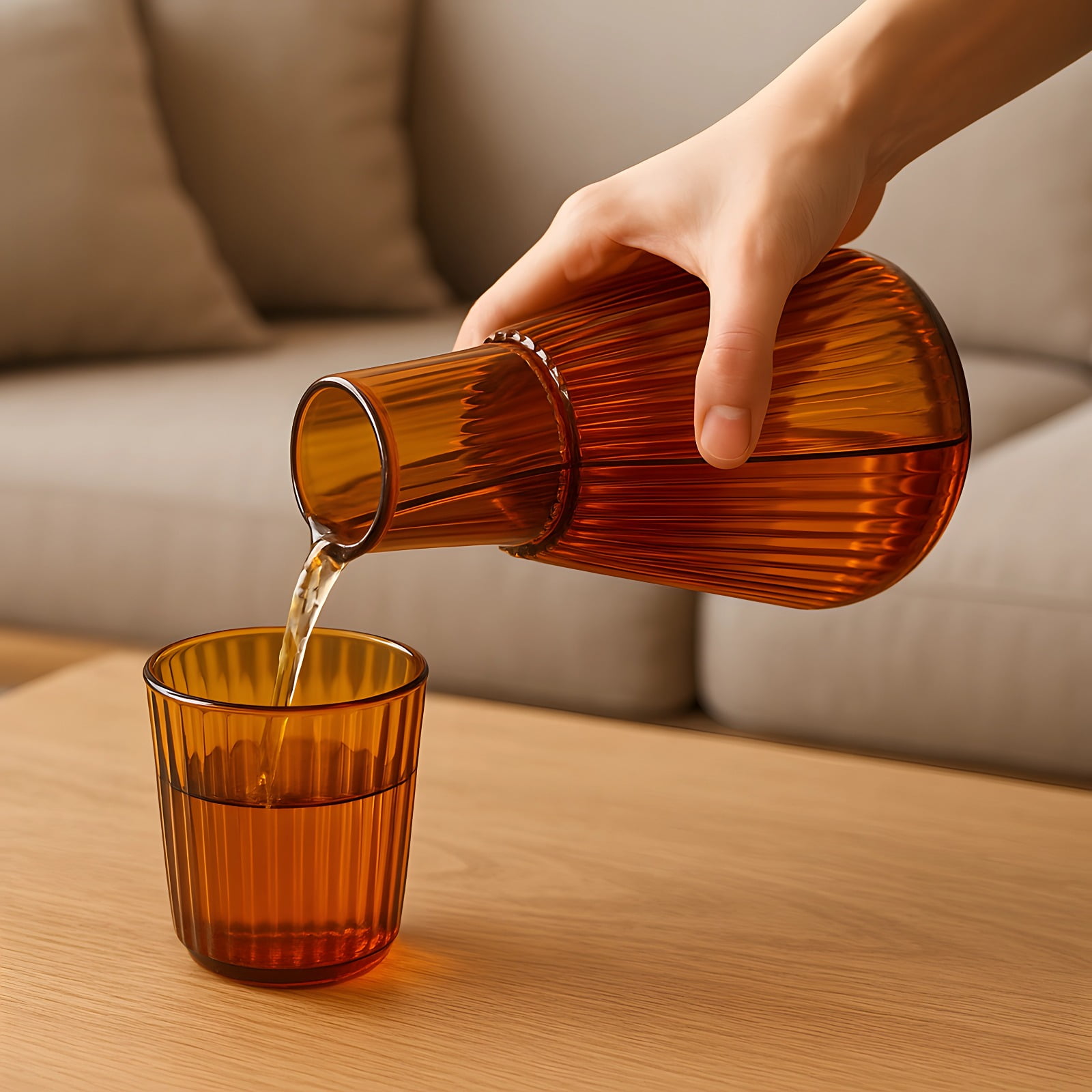 Amber Glass Water Carafe Set with 150 ml Cup, Heat-Resistant Glass Pitcher for Bedside, 1000 ml Capacity with Geometric Design, Ideal for Nightstand Use, Elegant Home Decor Gift Set