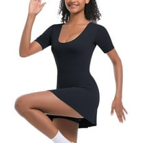 Tennis Dress for Women Scoop Neck Stretchy Short Sleeve Athletic Golf Workout Dress Build in Shorts Slimming Solid