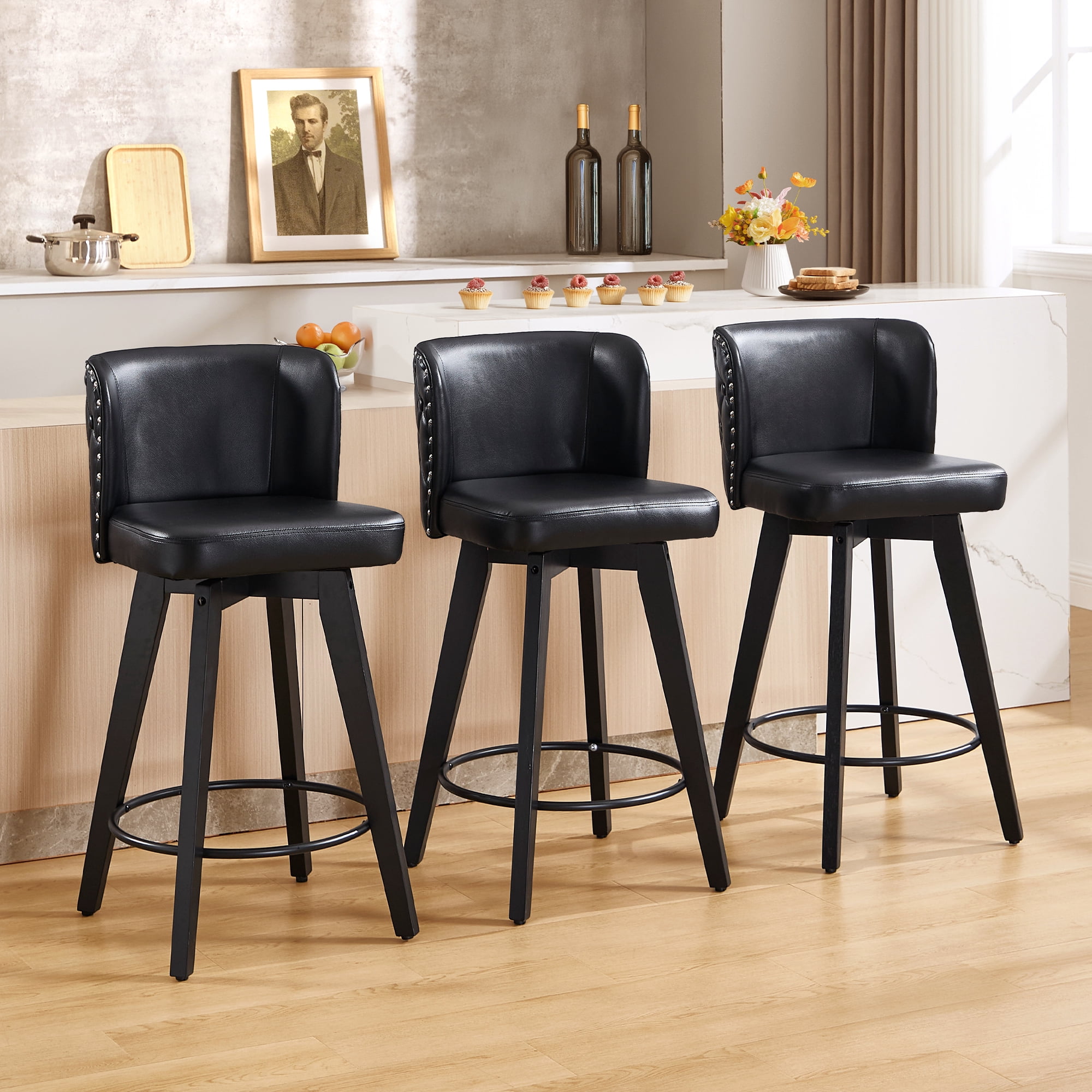 TEWLOSS Counter Height Bar Stools Set of 3, 27.5in Swivel PU Leather Bar Chairs with Curved Back for Kitchen Island, Black