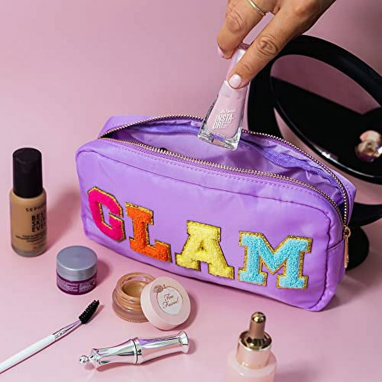 Small Initial Makeup Bag Cosmetic Toiletry Pouch With Chenille Letter Patch  For Women Teen Girl Travel Birthday Gifts, Mini Make Up Traveling Stuff  Organizer Christmas Cute Trendy Halloween Presents, Glitter Varsity Alphabet