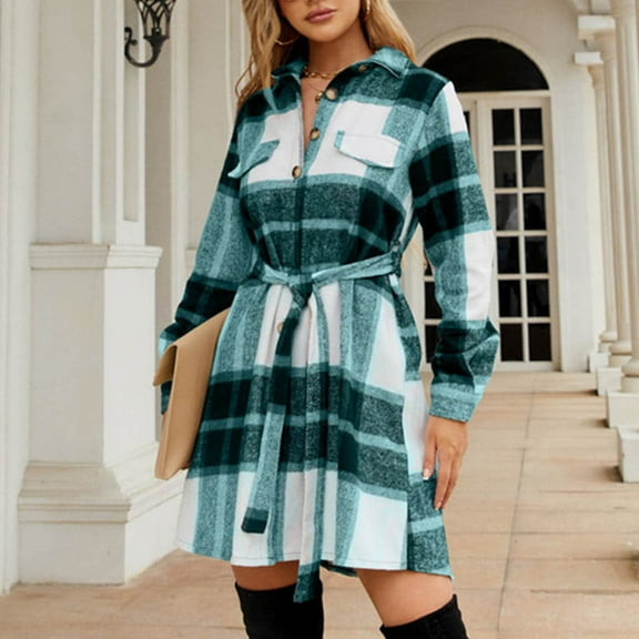 Women's Flannel Plaid Shacket Dress Long Sleeve Button Down Shirts Jacket Coats with Side Pockets