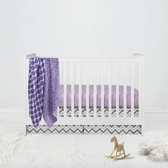 Bacati - Ikat Leopard/Dots/Damask 4-Piece Crib Bedding Set with 2 Muslin Swadling Blankets, Purple/Grey