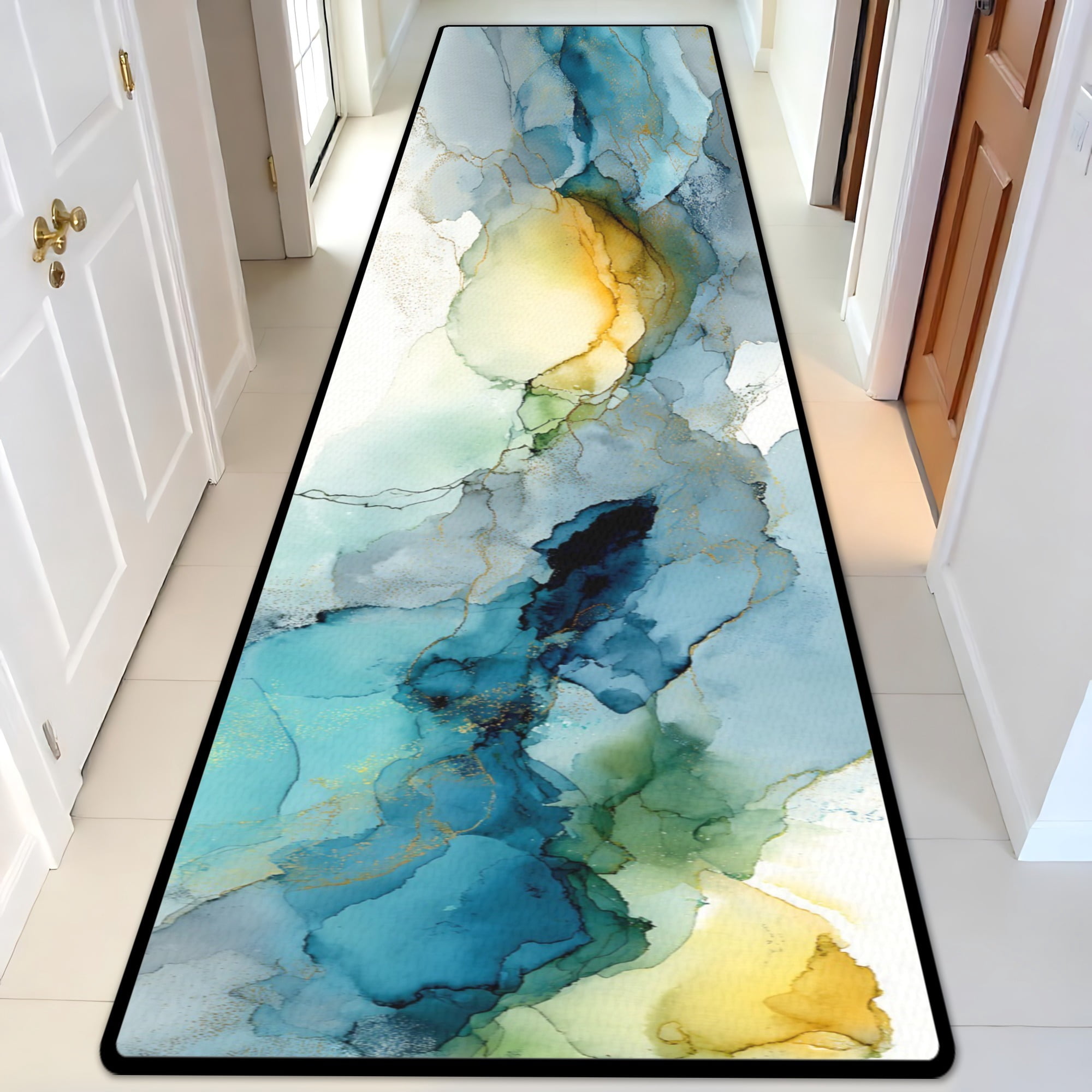 Teal Yellow Gold Ink Wash Hallway Runner Rug, 60x18 Inches Abstract Watercolor Long Floor Mat, Non-Slip Washable Modern Art Rug for Entryway Kitchen