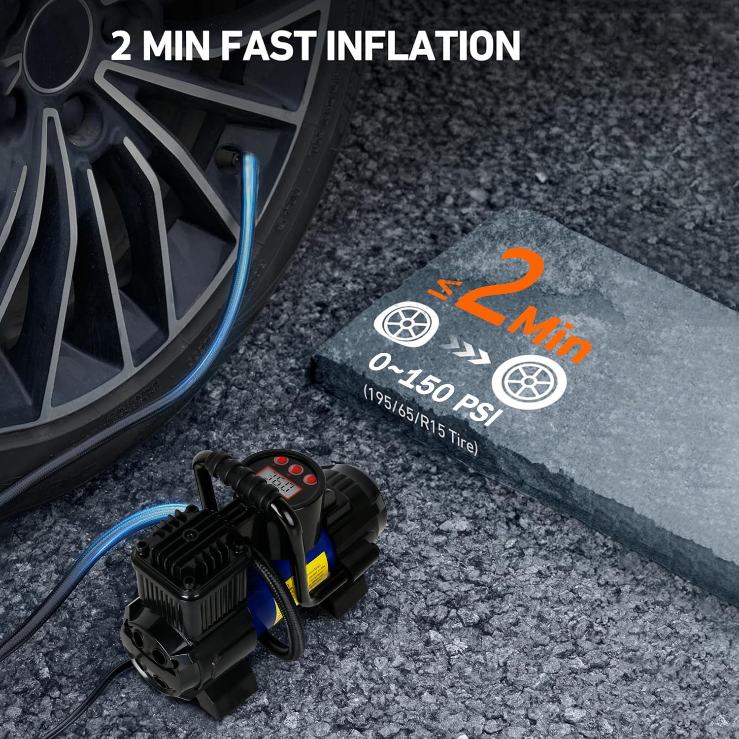 5 Heavy Duty Portable 12V 1 Car Tire Inflator Pump Air Compressor 120W 150 PSI, Blue