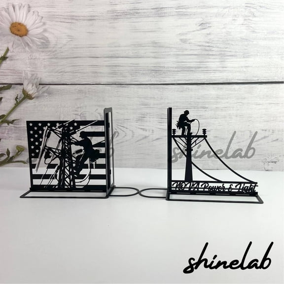 Shinelab Lineman Metal Bookends Classic Utility Worker Bookend Gift, Lineman Table Bookshelf Decor 5180