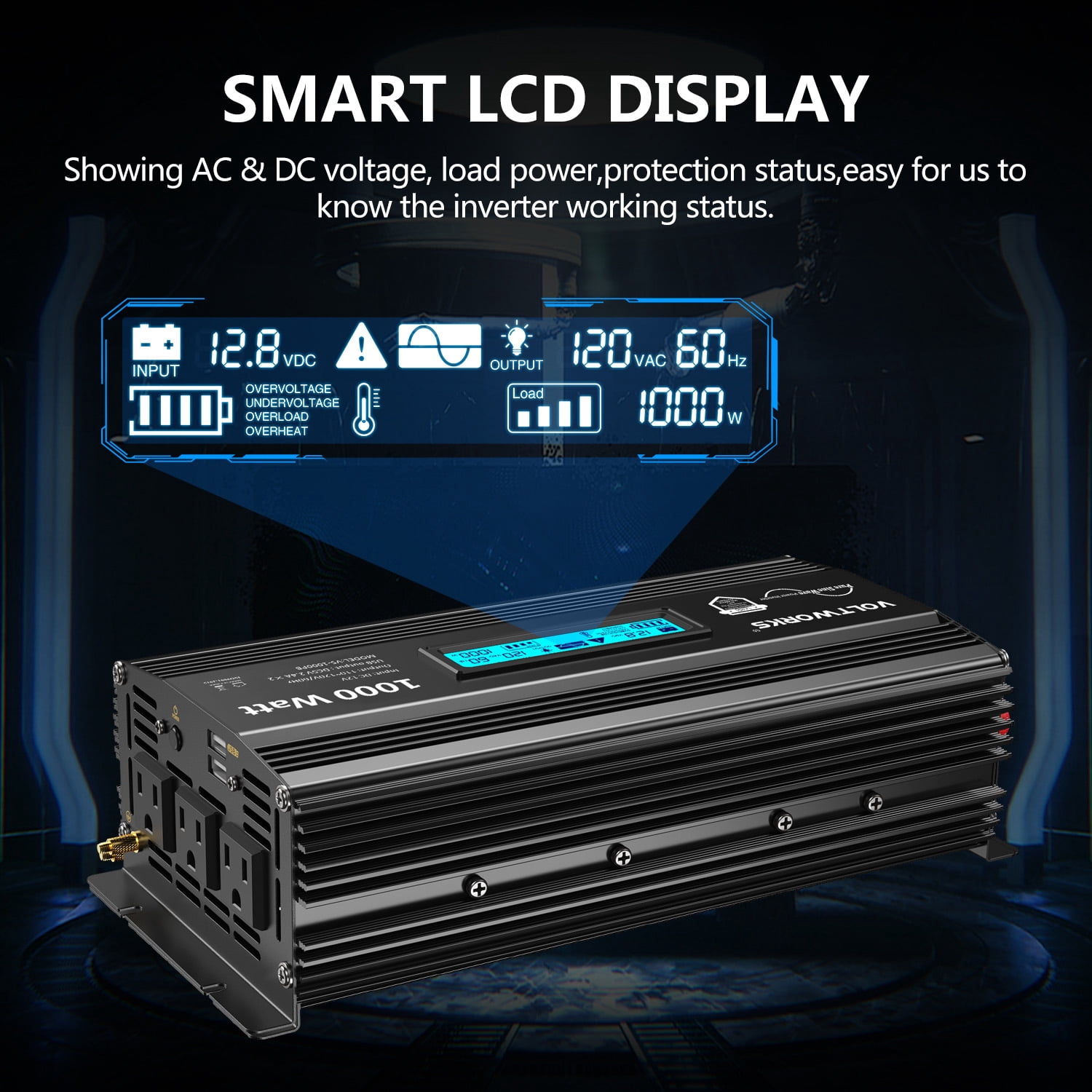 VOLTWORKS Power Inverter 1000 Watts Pure Sine Wave Inverter DC 12v to AC 110V-120V with LCD & 2.4A Dual USB