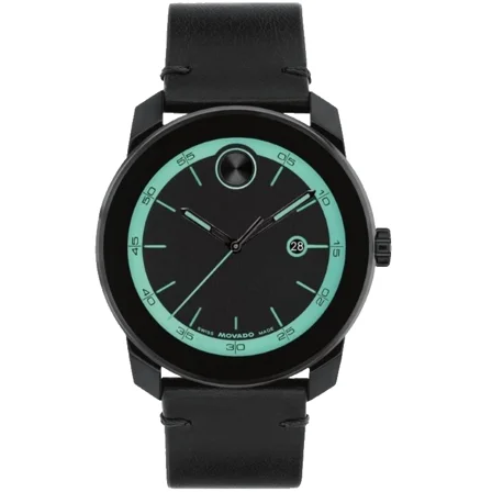 Movado Bold TR90 3601279 Black Dial Black Leather Strap Quartz 42MM Mens Watch