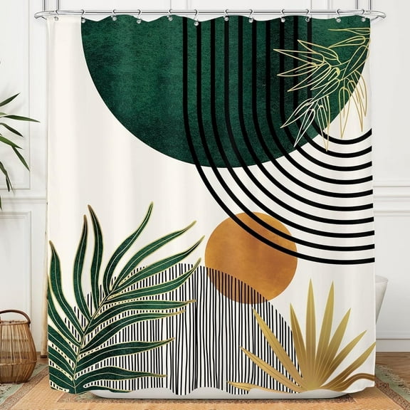 Mid Century Green Boho Shower Curtain, Abstract Modern Bath Curtains, Plant Botanical Minimalist Leaf Arch Sun Fabric Waterproof Polyester with 12 Hooks, 72x72