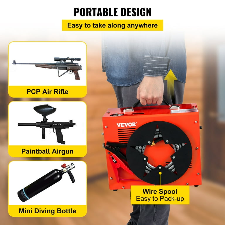 VEVORbrand PCP Air Compressor,4500PSI Portable PCP Compressor,12V DC  110V/220V AC PCP Airgun Compressor Auto-stop,with Built-in Adapter,Fan  Cooling,Wire Spool Suitable for Paintball,Scuba,Air Rifle 