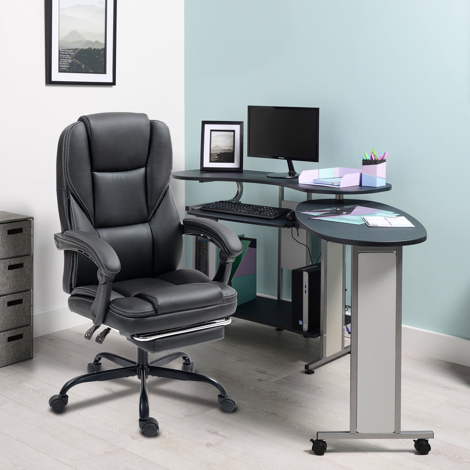 Big and Tall Executive Office Chair with Footrest, Ergonomic Computer Chair, High Back Swivel Recliner Home Reclining Chair with Lumbar Support, Height Adjustable, Padded Armrests, Rolling, Black