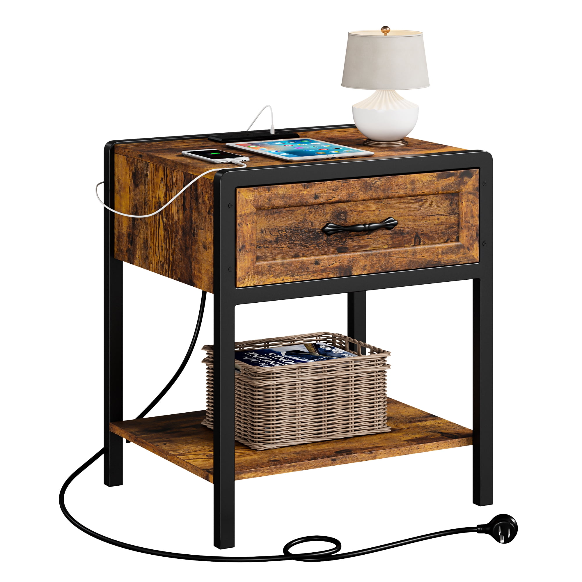 Oyang Nightstand with Charging Station, Modern Side Table End Table