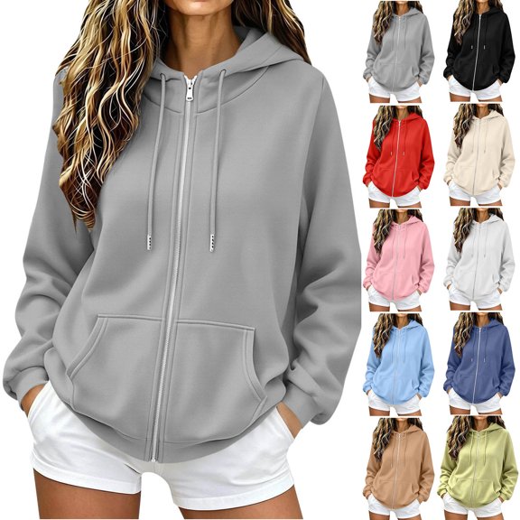 Ovafbau Women Long Sleeve Hooded Cardigan Jacket,Womens Solid Long Sleeve Hooded Zip Jacket with Pockets Casual,Fall Winter Outerwear Coat