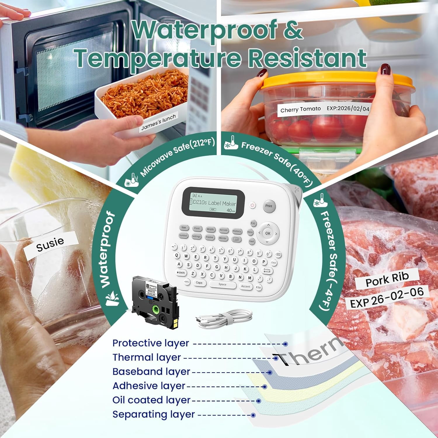 Label Maker Waterproof Labels, Labeler Machine with Tape, 16+ Bolder/Handwritten Fonts & Intuitive Shortcut Keys, 12mm Removable Freezer Food Labels for Jars/Containers/Bottle