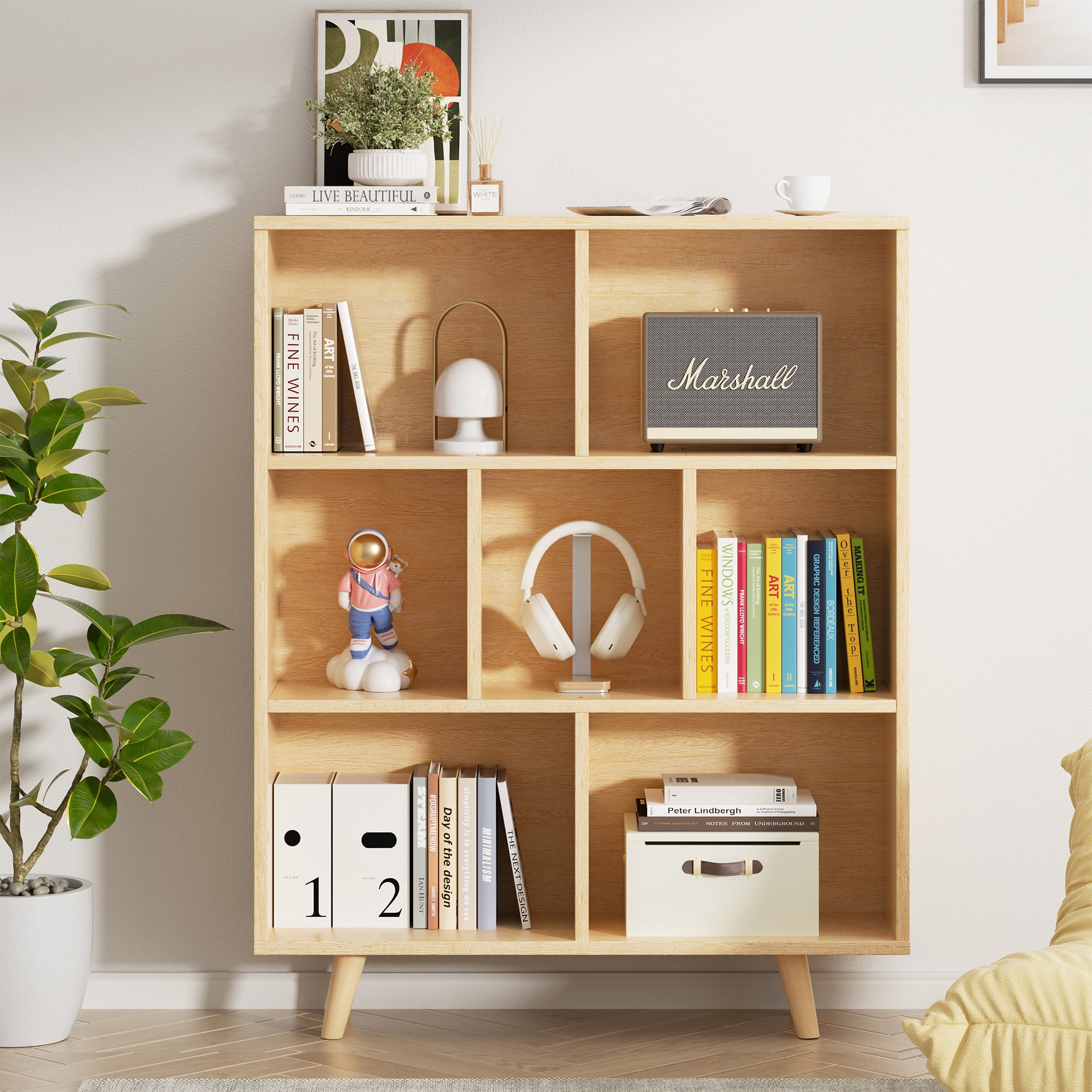 Walsunny Cube Bookcases Bookshelves 7 Cube Organizers with Legs 43" Tall Wooden Open Storage Display Bookshelf for Living Room Bedroom Office Natural Wood Color