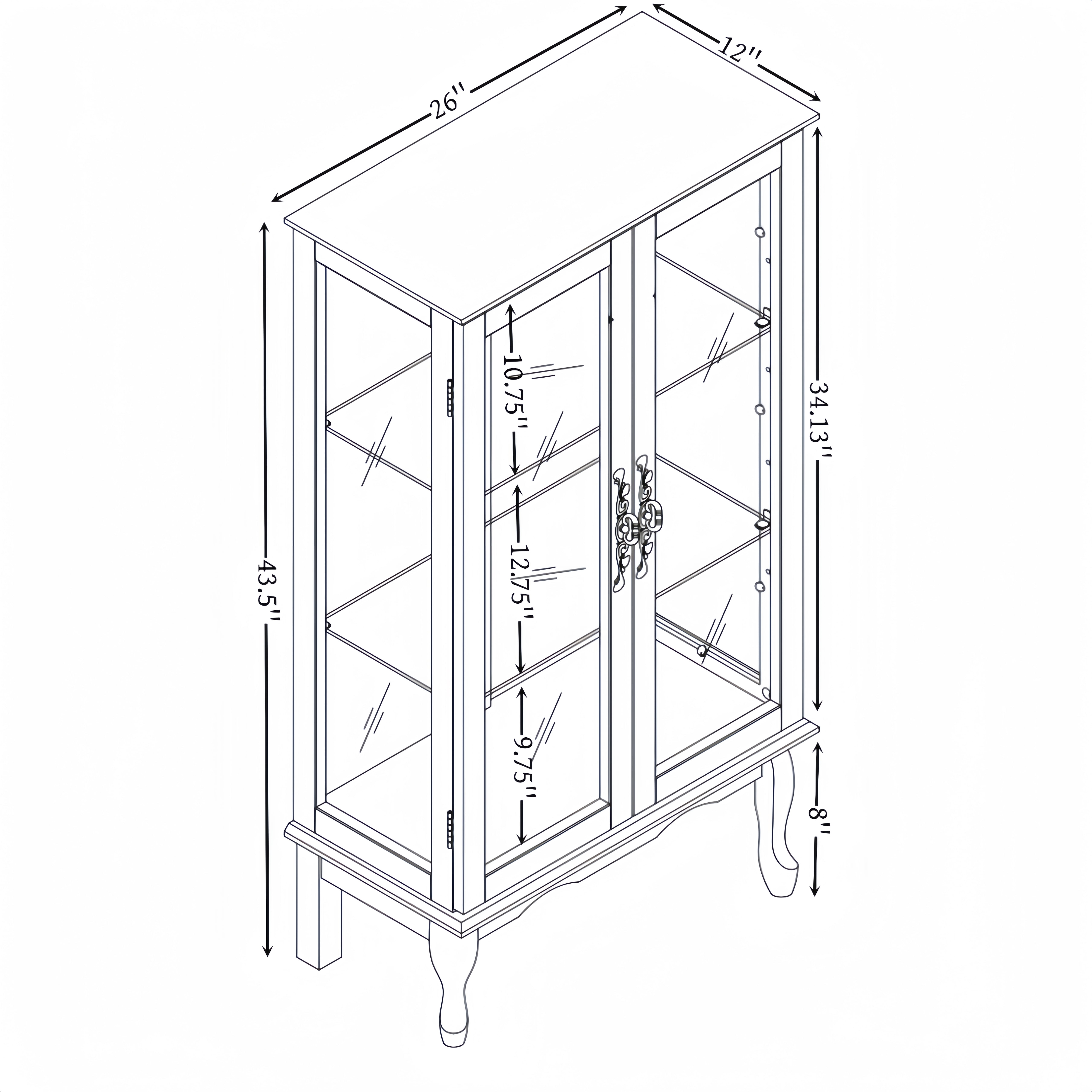 2-Door Curio Cabinet with Tempered Glass Doors, Mirrored Back Panel, Adjustable Shelves, Lighted Display Cabinet, Cherry