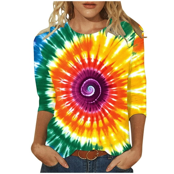 CYMMPU Spring Tops Round Neck Summer Fashion Shirts Blouses for Women Dressy Casual Loose Fit 3/4 Sleeve Tie Dye Tunic Tops Ombre T-Shirts XXXXL