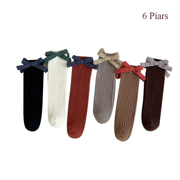 Ougyinr Kids Baby Girls Knee High Socks Bowknot Socks Cotton Socks Toddler Stockings Girls Socks for 2-8Years ( 6 Piars / 5 Piars )