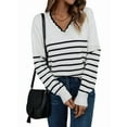thumbnail image 3 of Women Knit Sweater Casual V Neck Striped Print Loose Pullover Long Sleeve Sweater Tops White L, 3 of 9