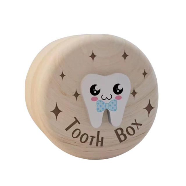 Royalbelle Tooth Box For Kids Cute Cartoon Round Wooden Storage Box Dropped First Milk Tooth Keepsake Storage Case For Boys Girls Gifts