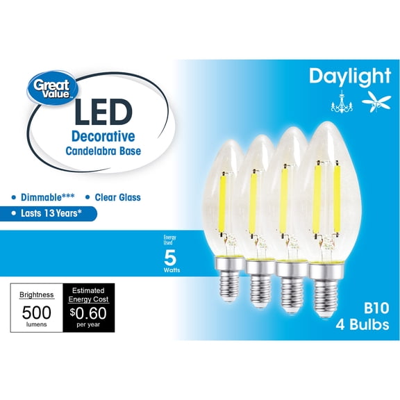 Great Value B10 LED 5W Daylight Decorative E12 Candelabra Base Light Bulbs, Dimmable, 4 Pack