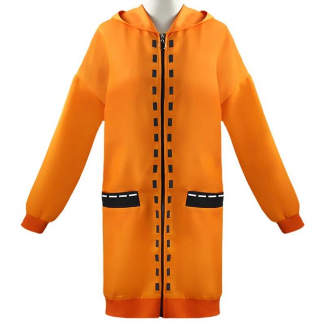 disfraz de anime kakegurui jabami yumeko yomozuki runa, uniforme JK, peluca compulsiva de jugador, traje de Halloween para niños y adultos chaqueta larga naranja con capucha en vista frontal, cierre central con tira negra y ojales cuadrados, bolsillos con remate blanco, mangas largas con puños elásticos, poliéster, marca BANYUO; ideal para cosplay y fiestas.