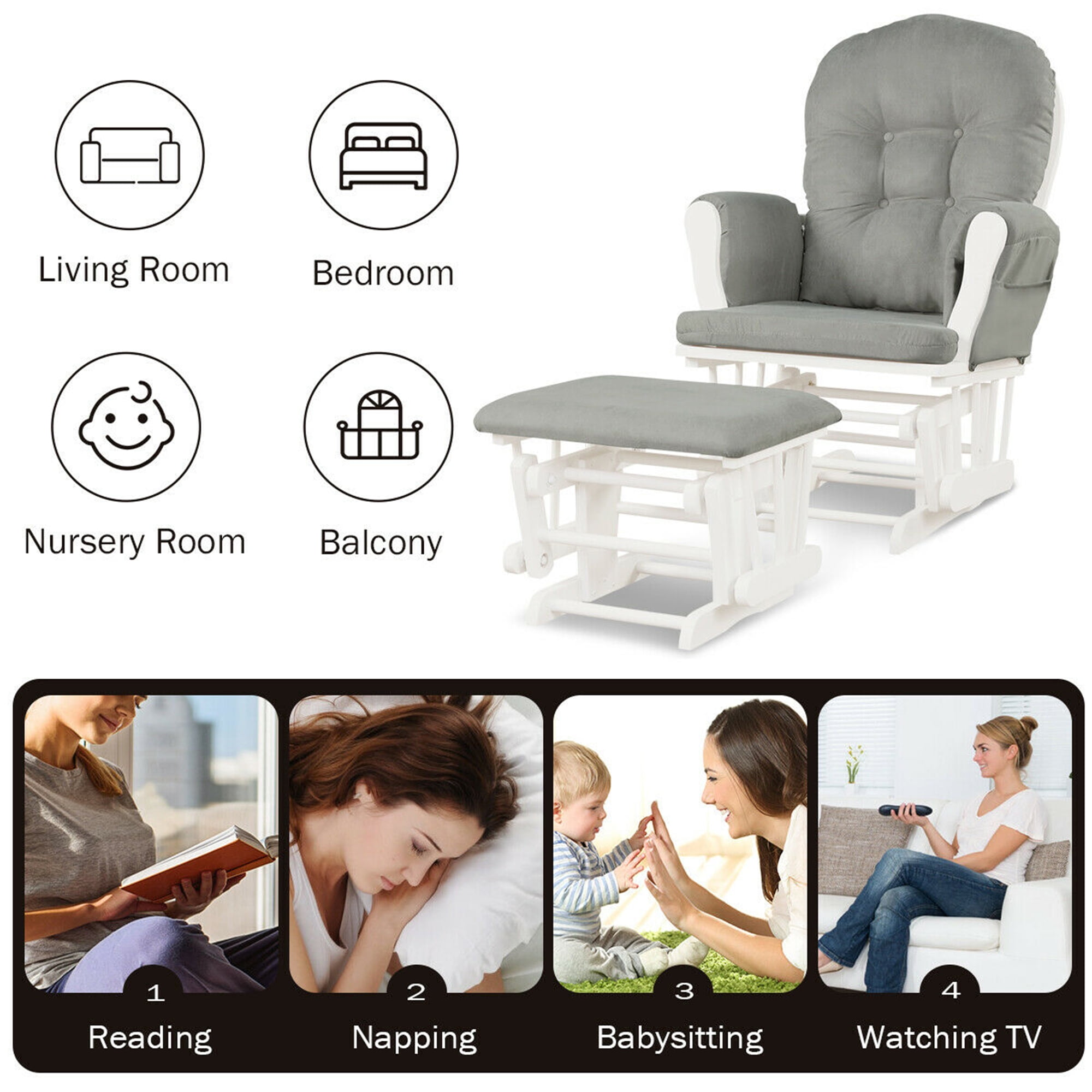Gymax Baby Nursery Rocking Chair Glider and Ottoman Cushion Set Wood White Finish with Light Grey Cushions