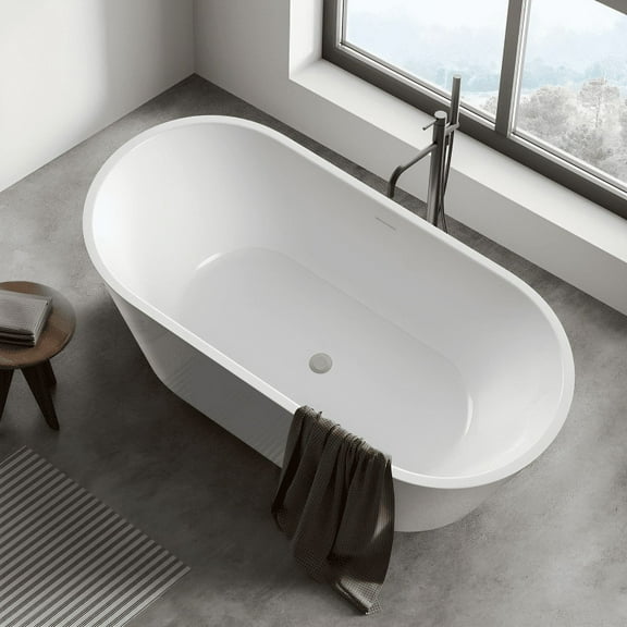 59" x 29.5" Oval Freestanding Soaking Flat Bottom Bath Tub with Center Drain in Glossy White