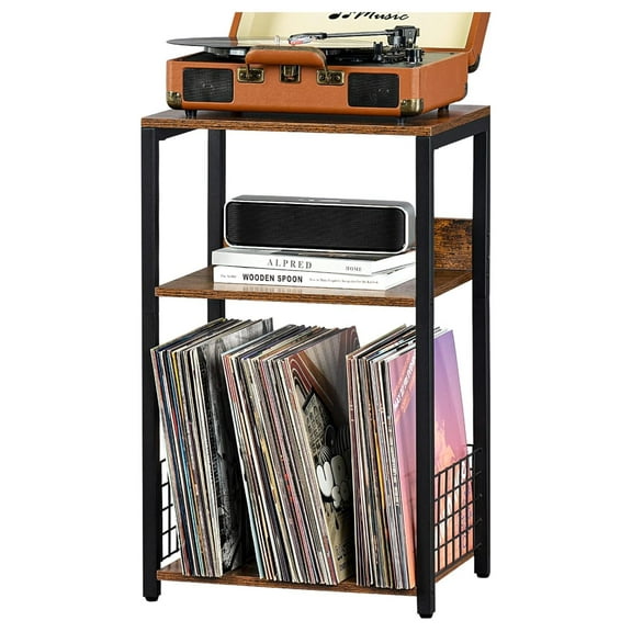 Record Player Stand with Storage - 3 Tier Vinyl Record Shelf for Albums, Turntable Stand for Living Room Bedroom, Brown Industrial End Table